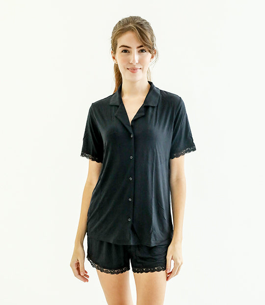 Amber Classic Button Down Sleepwear Set Tshirt Shorts Linen